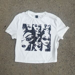 SHEIN Graphic Crop Baby Tee Size M White Y2K Cyberpunk Face Photo Print Short